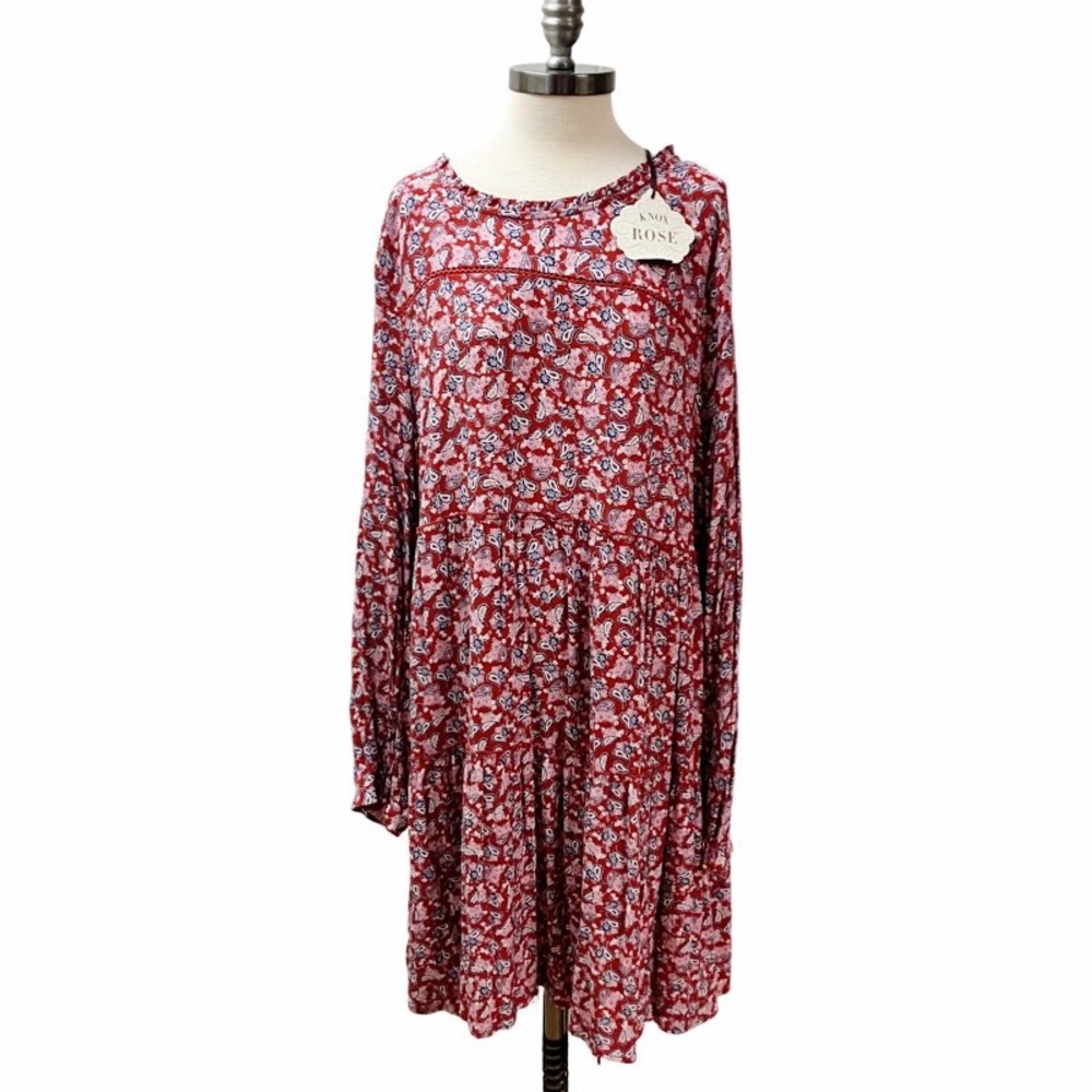 Knox Rose XXL Floral Paisley Tiered Boho Cottage Midi DRESS Red Prairie NEW